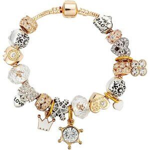 Gold Charm Inspired Style w/Rose Silver Color Heart Charms, Bracelets